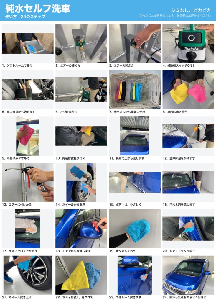 純水セルフ洗車の使い方 24のステップ